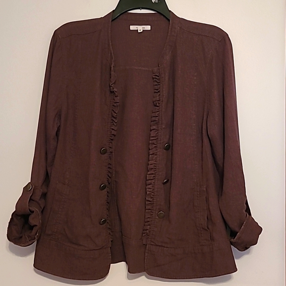 Maurices dark brown ruffled & button accent, rolled cuff, open jacket Sz  M